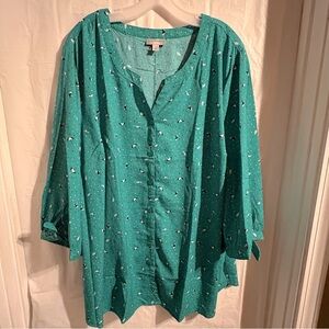 Catherines Womens Artsy Rain Umbrella Popover Top Size 3X‎ Green Slit Sleeve